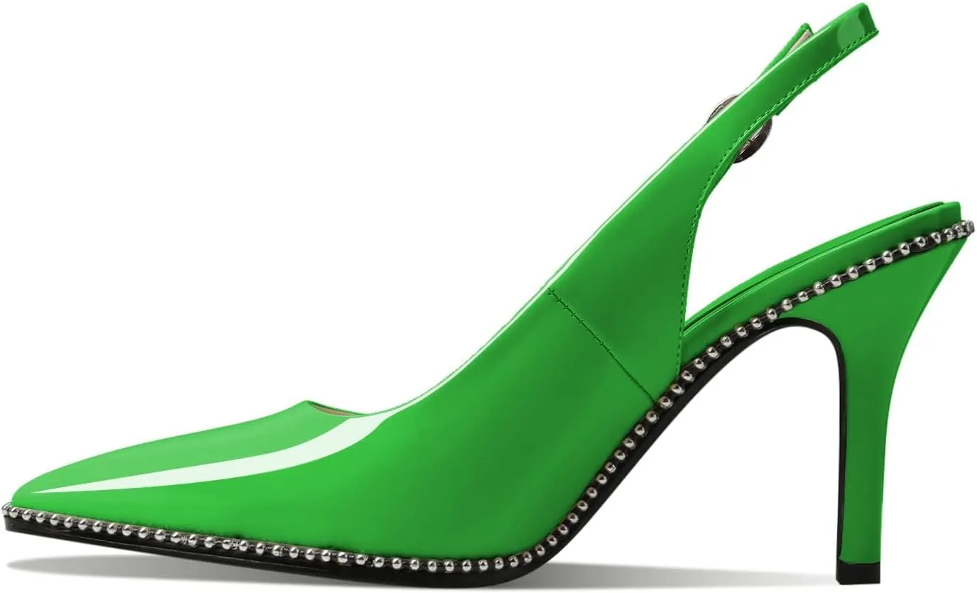 Zamikoo Women Slingback High Heels Beaded Pumps Pointed Toe Slip On 3.5 Inch Stilettos Ankle Strap Patent Leather Shoes US Size 5 -Size 13