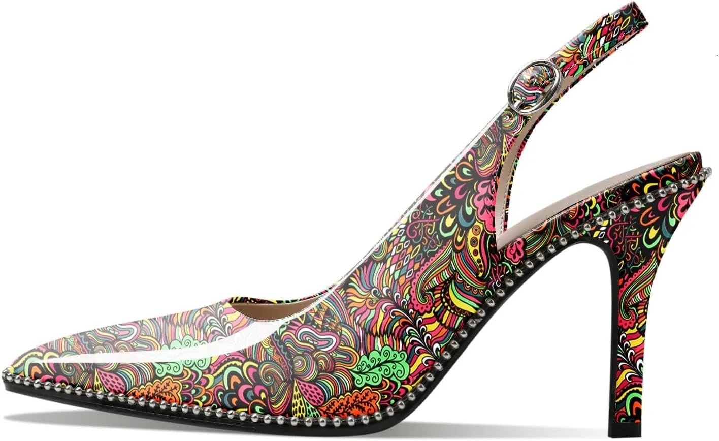 Zamikoo Women Slingback High Heels Beaded Pumps Pointed Toe Slip On 3.5 Inch Stilettos Ankle Strap Patent Leather Shoes US Size 5 -Size 13