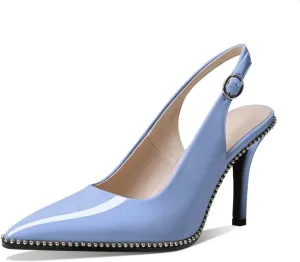 Zamikoo Women Slingback High Heels Beaded Pumps Pointed Toe Slip On 3.5 Inch Stilettos Ankle Strap Patent Leather Shoes US Size 5 -Size 13