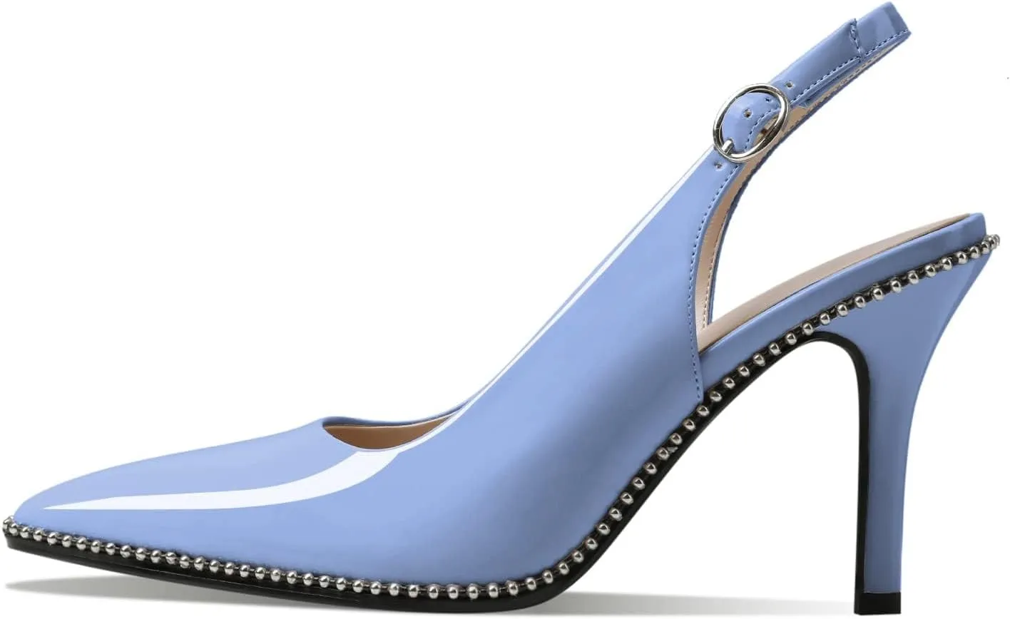Zamikoo Women Slingback High Heels Beaded Pumps Pointed Toe Slip On 3.5 Inch Stilettos Ankle Strap Patent Leather Shoes US Size 5 -Size 13