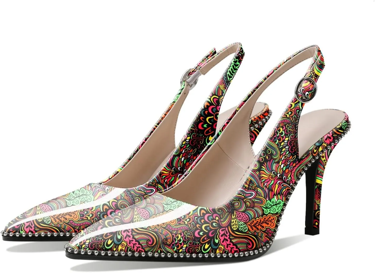 Zamikoo Women Slingback High Heels Beaded Pumps Pointed Toe Slip On 3.5 Inch Stilettos Ankle Strap Patent Leather Shoes US Size 5 -Size 13