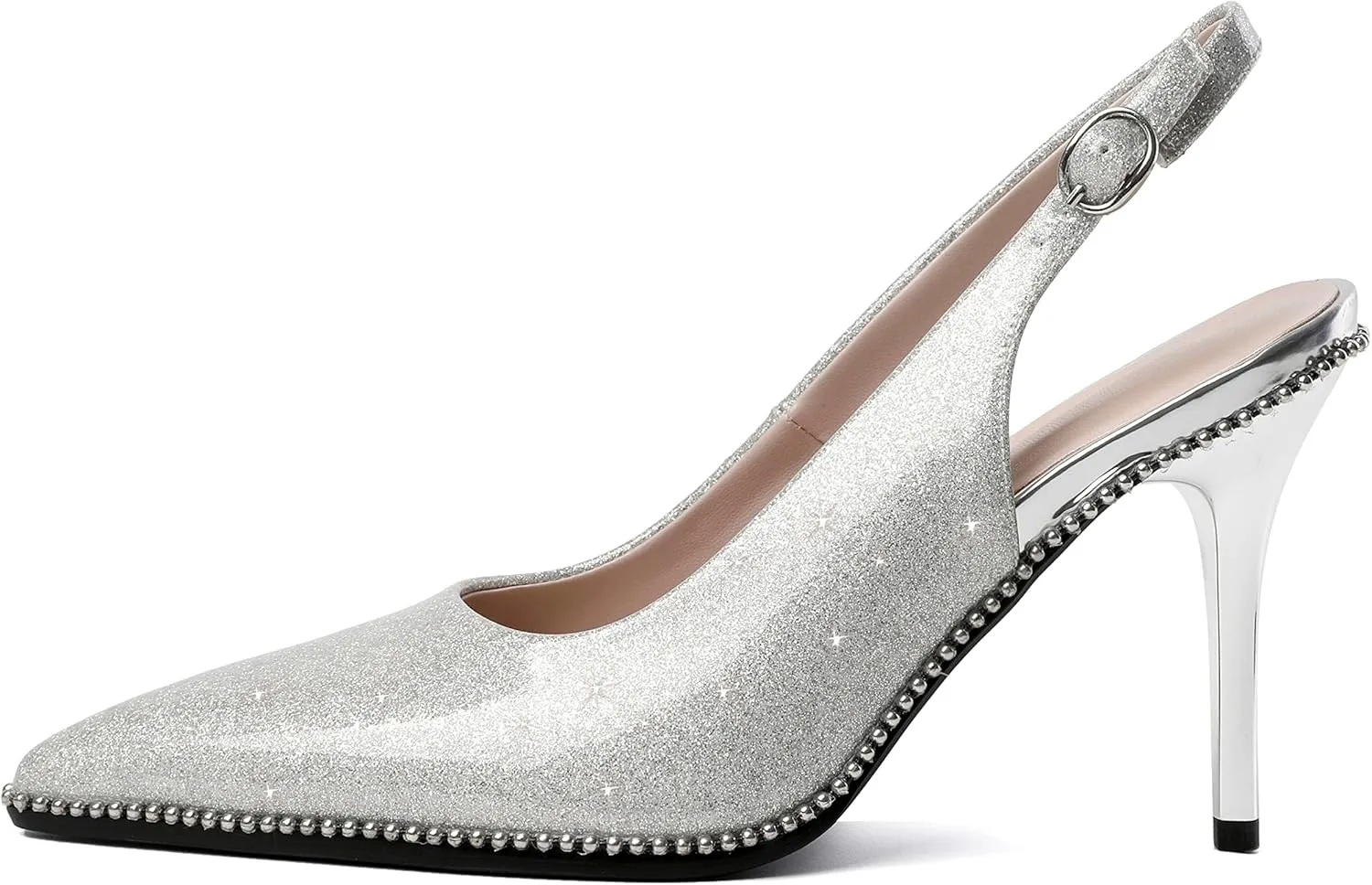 Zamikoo Women Slingback High Heels Beaded Pumps Pointed Toe Slip On 3.5 Inch Stilettos Ankle Strap Patent Leather Shoes US Size 5 -Size 13