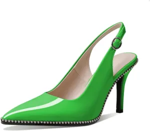 Zamikoo Women Slingback High Heels Beaded Pumps Pointed Toe Slip On 3.5 Inch Stilettos Ankle Strap Patent Leather Shoes US Size 5 -Size 13