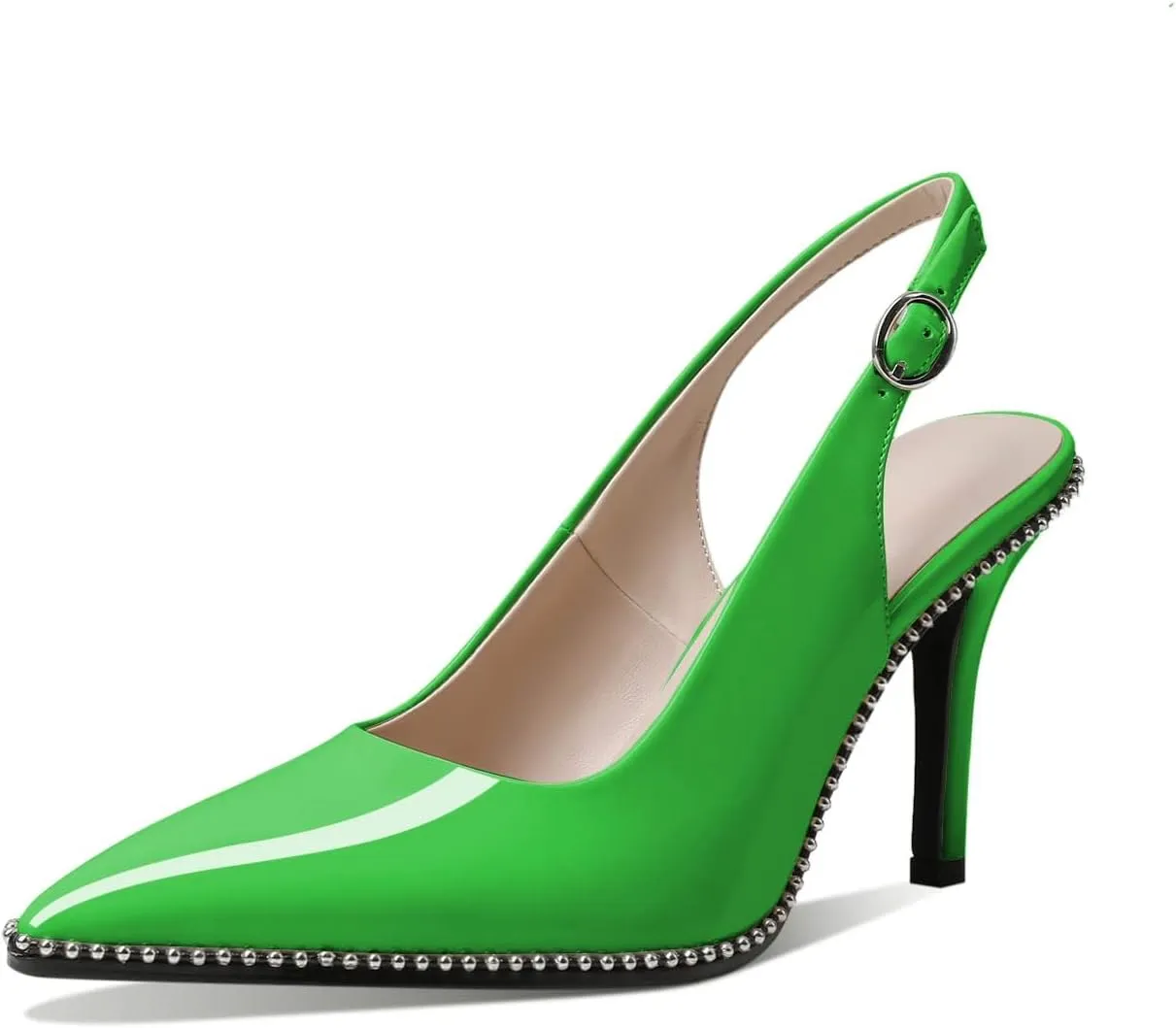 Zamikoo Women Slingback High Heels Beaded Pumps Pointed Toe Slip On 3.5 Inch Stilettos Ankle Strap Patent Leather Shoes US Size 5 -Size 13