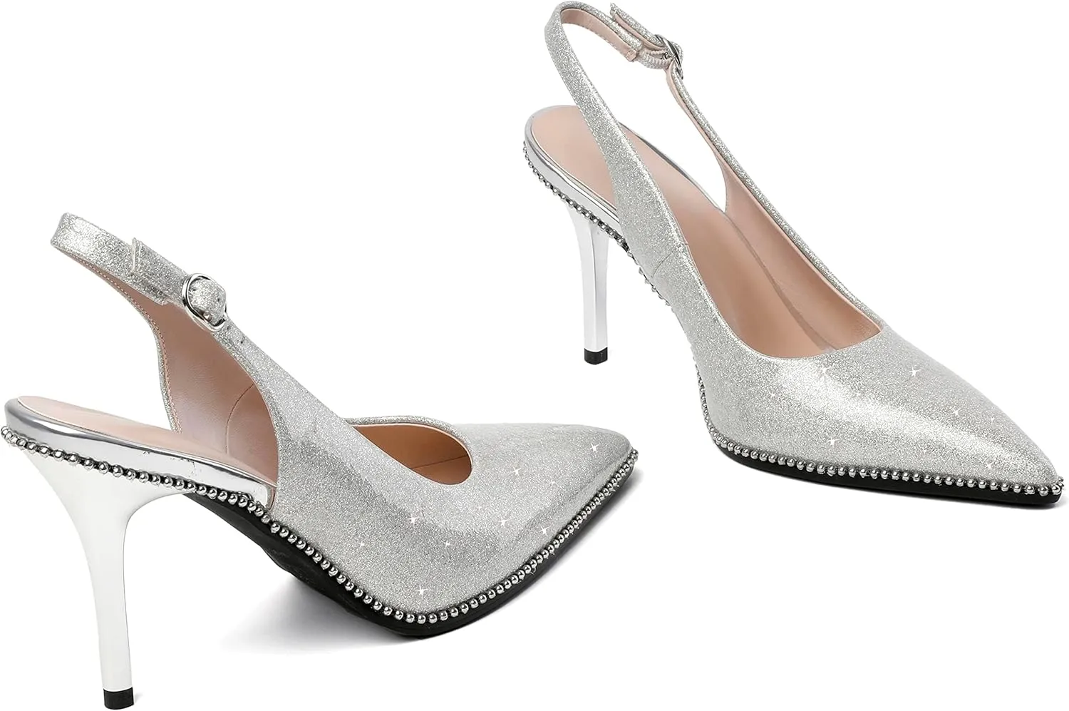 Zamikoo Women Slingback High Heels Beaded Pumps Pointed Toe Slip On 3.5 Inch Stilettos Ankle Strap Patent Leather Shoes US Size 5 -Size 13