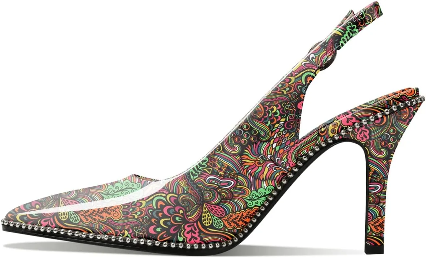 Zamikoo Women Slingback High Heels Beaded Pumps Pointed Toe Slip On 3.5 Inch Stilettos Ankle Strap Patent Leather Shoes US Size 5 -Size 13