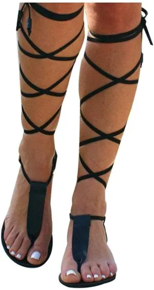 ZBYY Women Gladiator Beach Sandals T-Strap Flat Strappy Knee High Crisscross Shoes Open Toe Lace Up Flip Flops Sandals