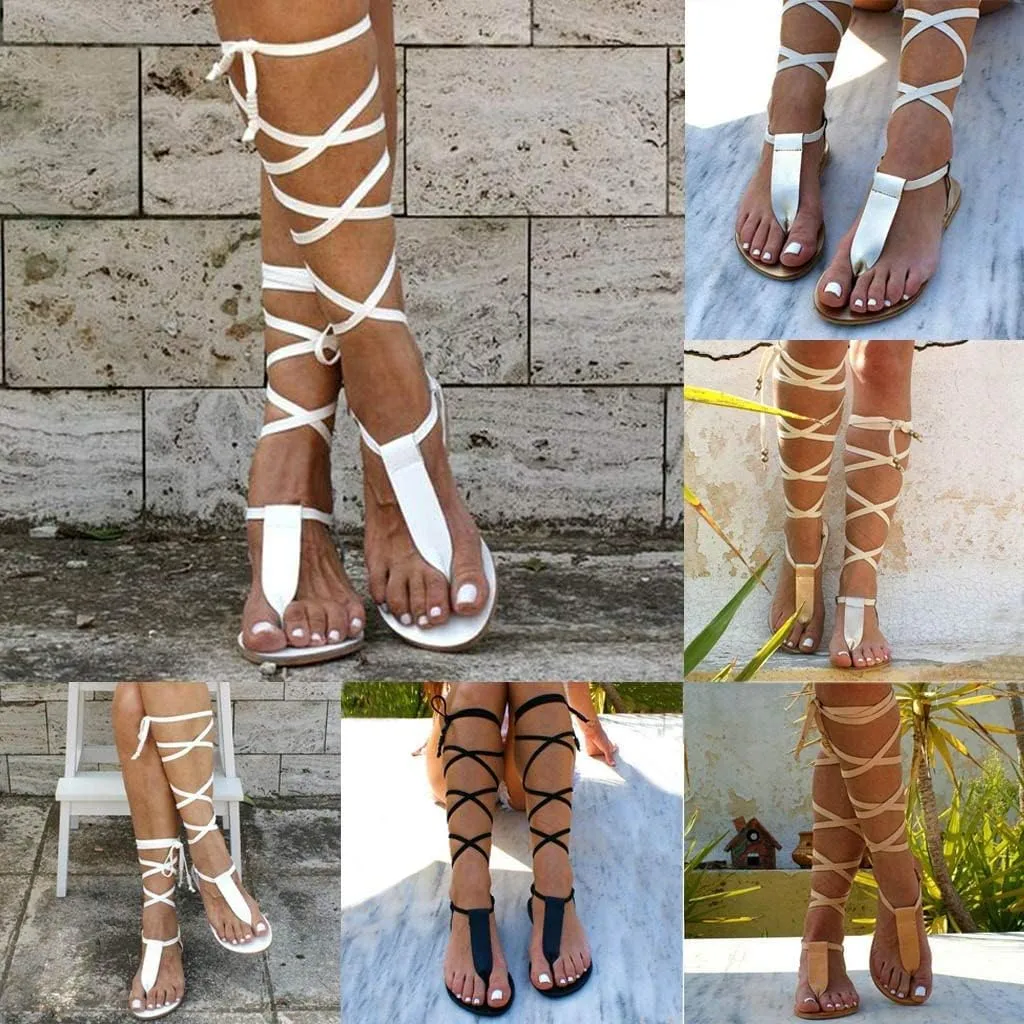 ZBYY Women Gladiator Beach Sandals T-Strap Flat Strappy Knee High Crisscross Shoes Open Toe Lace Up Flip Flops Sandals