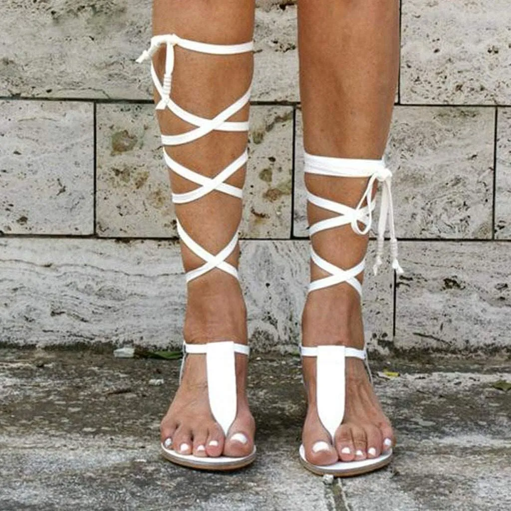 ZBYY Women Gladiator Beach Sandals T-Strap Flat Strappy Knee High Crisscross Shoes Open Toe Lace Up Flip Flops Sandals