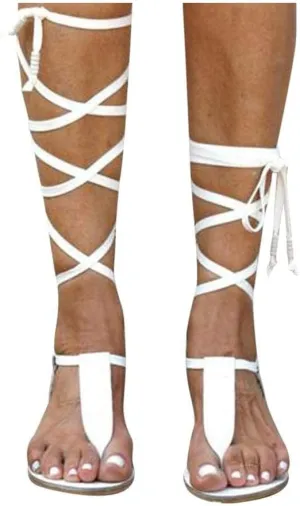ZBYY Women Gladiator Beach Sandals T-Strap Flat Strappy Knee High Crisscross Shoes Open Toe Lace Up Flip Flops Sandals