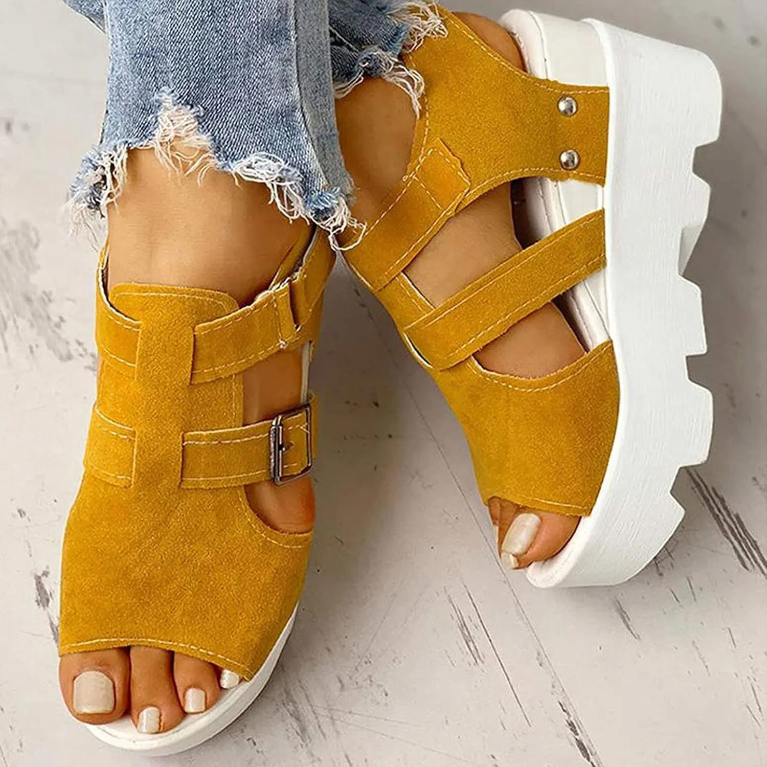 ZBYY Women Peep Toe Sandals Summer Fashion Block Heel Sandals Ankle Strap Buckle Slingback Platform Wedge Sandals