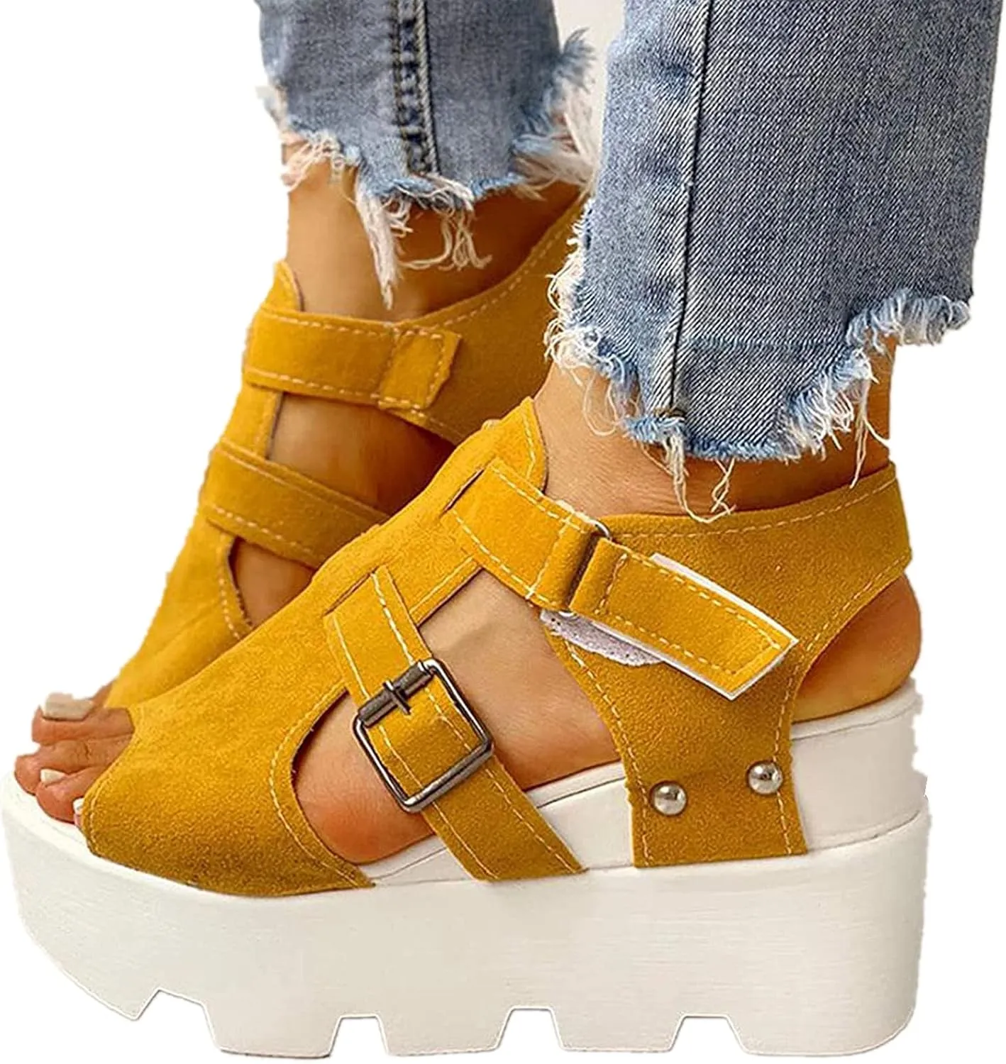 ZBYY Women Peep Toe Sandals Summer Fashion Block Heel Sandals Ankle Strap Buckle Slingback Platform Wedge Sandals