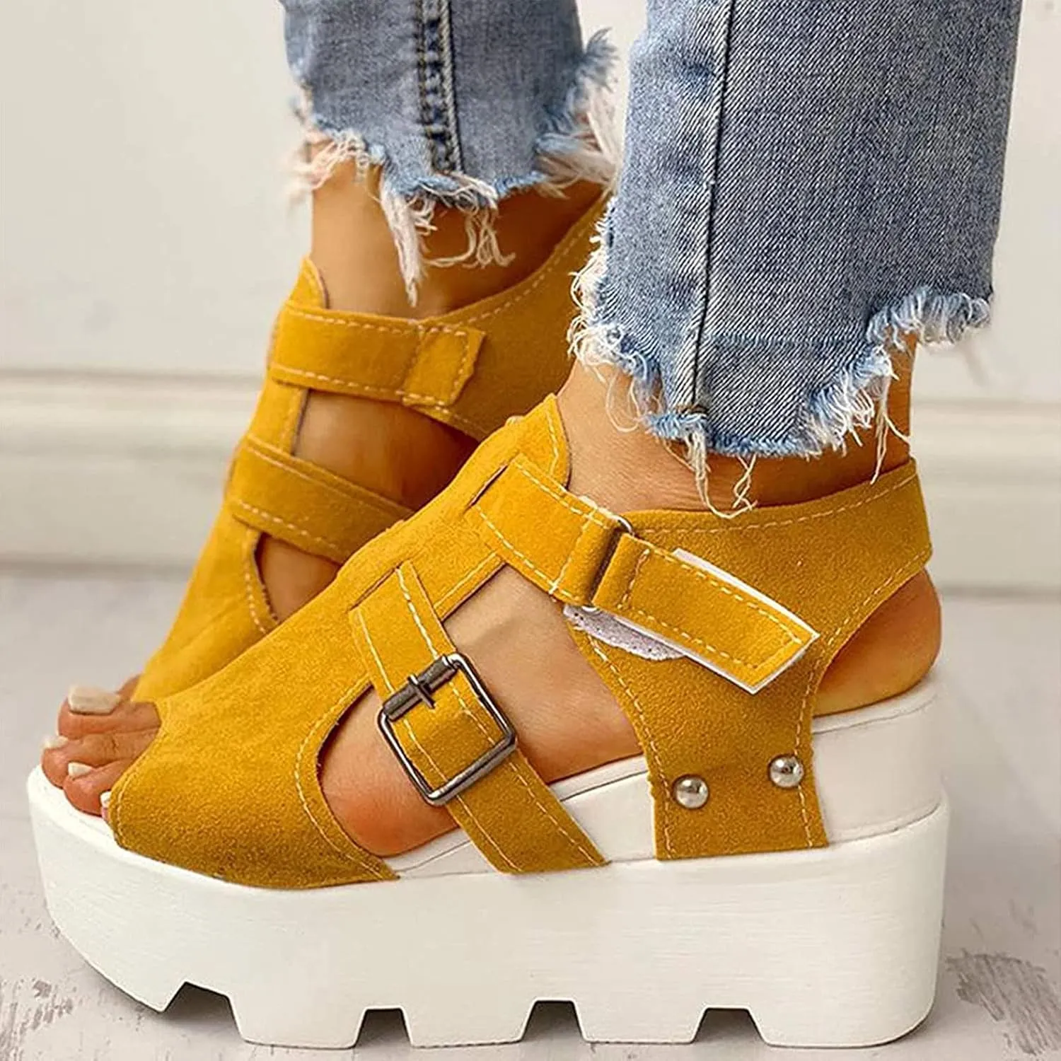 ZBYY Women Peep Toe Sandals Summer Fashion Block Heel Sandals Ankle Strap Buckle Slingback Platform Wedge Sandals