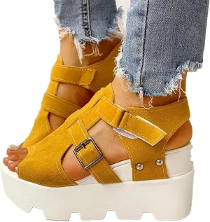 ZBYY Women Peep Toe Sandals Summer Fashion Block Heel Sandals Ankle Strap Buckle Slingback Platform Wedge Sandals