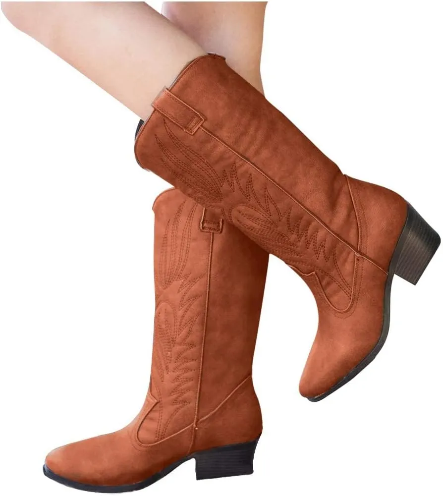 ZBYY Womens Ankle Boots Wide Calf Chunky Heel Round Toe Pull on Vintage Embroidered Cowboy Party Western Boots