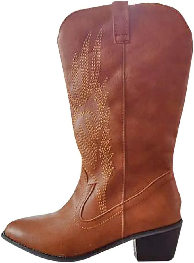 ZBYY Womens Ankle Boots Wide Calf Chunky Heel Round Toe Pull on Vintage Embroidered Cowboy Party Western Boots