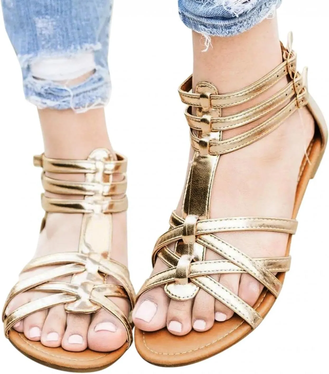 ZBYY Women's Gladiator Strap Sandals Dressy Summer Flat Fisherman Cross Strappy Sandals Casual Beach Ankle Strap Sandals Shoes