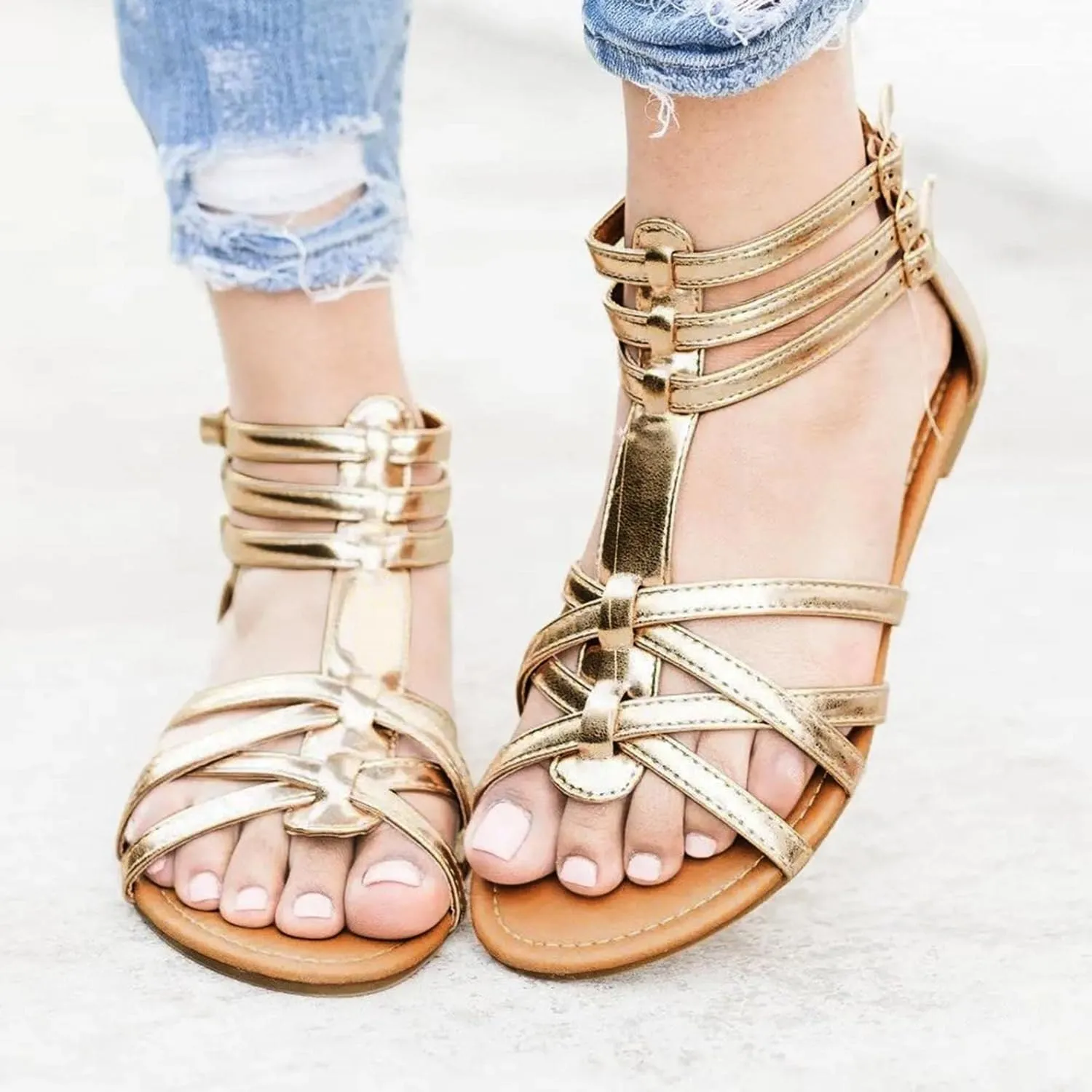ZBYY Women's Gladiator Strap Sandals Dressy Summer Flat Fisherman Cross Strappy Sandals Casual Beach Ankle Strap Sandals Shoes