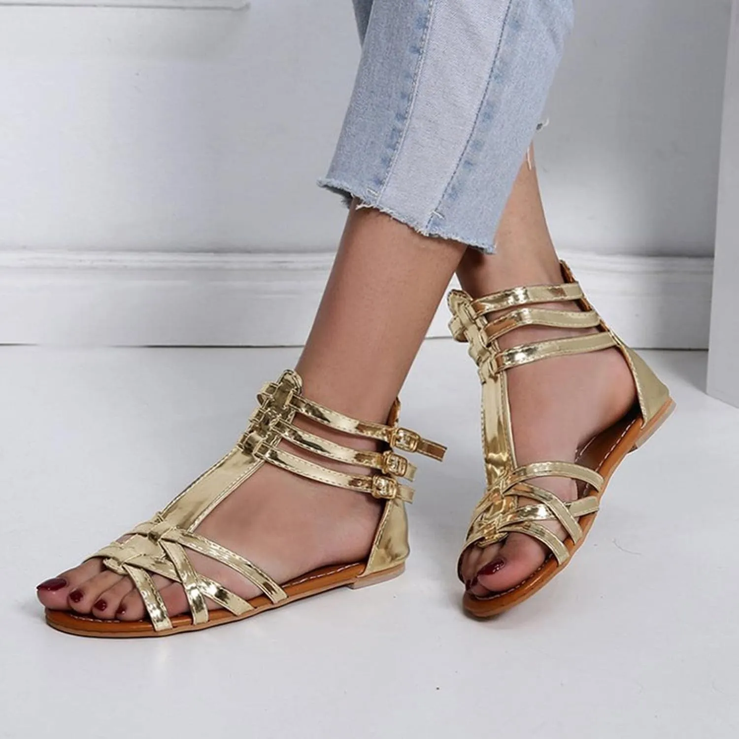 ZBYY Women's Gladiator Strap Sandals Dressy Summer Flat Fisherman Cross Strappy Sandals Casual Beach Ankle Strap Sandals Shoes