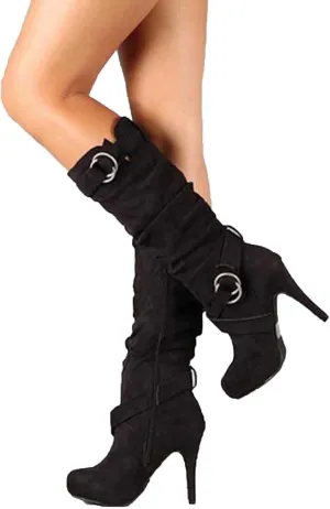ZBYY Women's Knee High High Heel Boots Winter Fashion Boots Round Toe Mid-Calf Boots Suede Sexy Side Zipper Long Boots