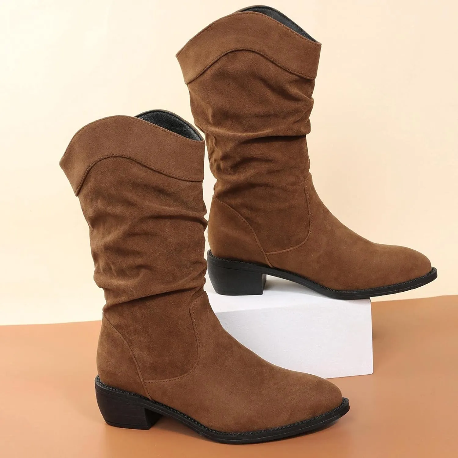 ZBYY Women's Mid Calf Winter Boots Fashion Low Heel Calf Boots Slouch Weather Boots Classic Round Toe Ankle Booties