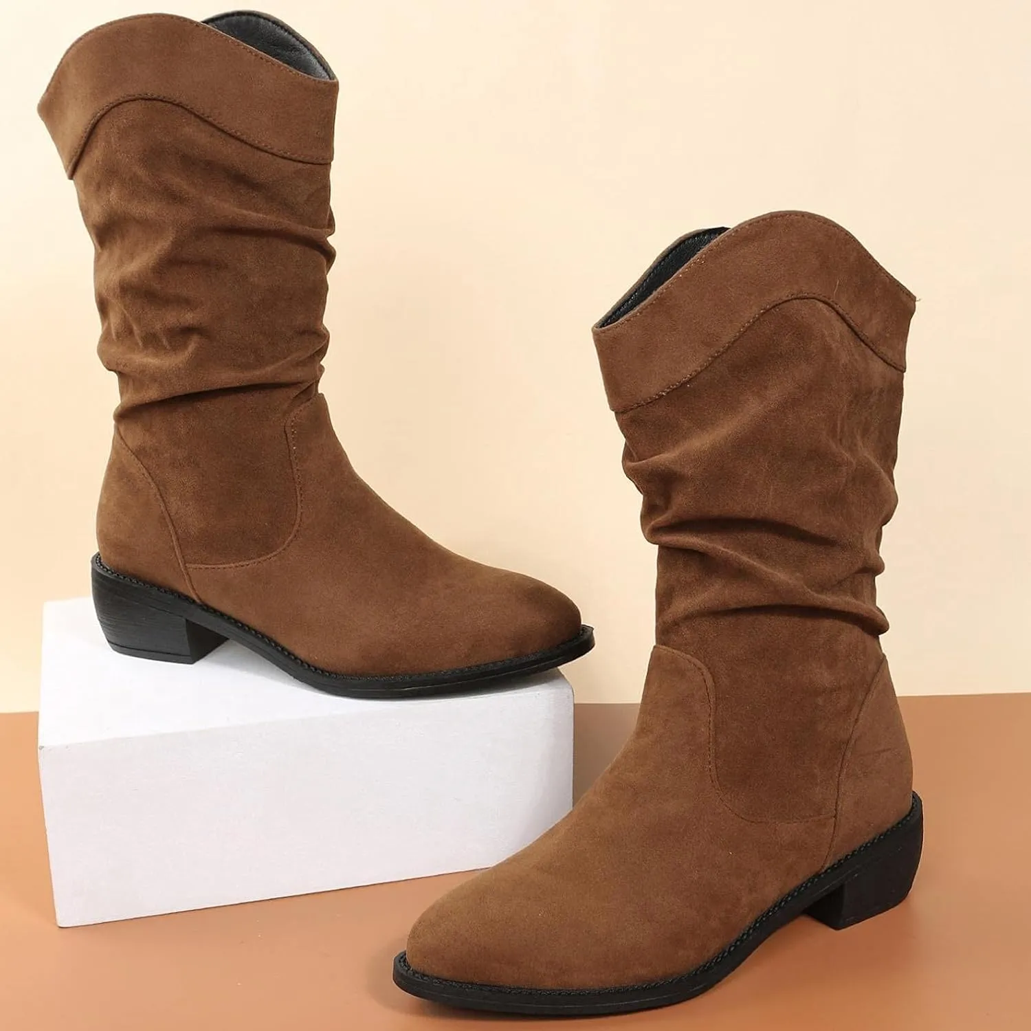 ZBYY Women's Mid Calf Winter Boots Fashion Low Heel Calf Boots Slouch Weather Boots Classic Round Toe Ankle Booties
