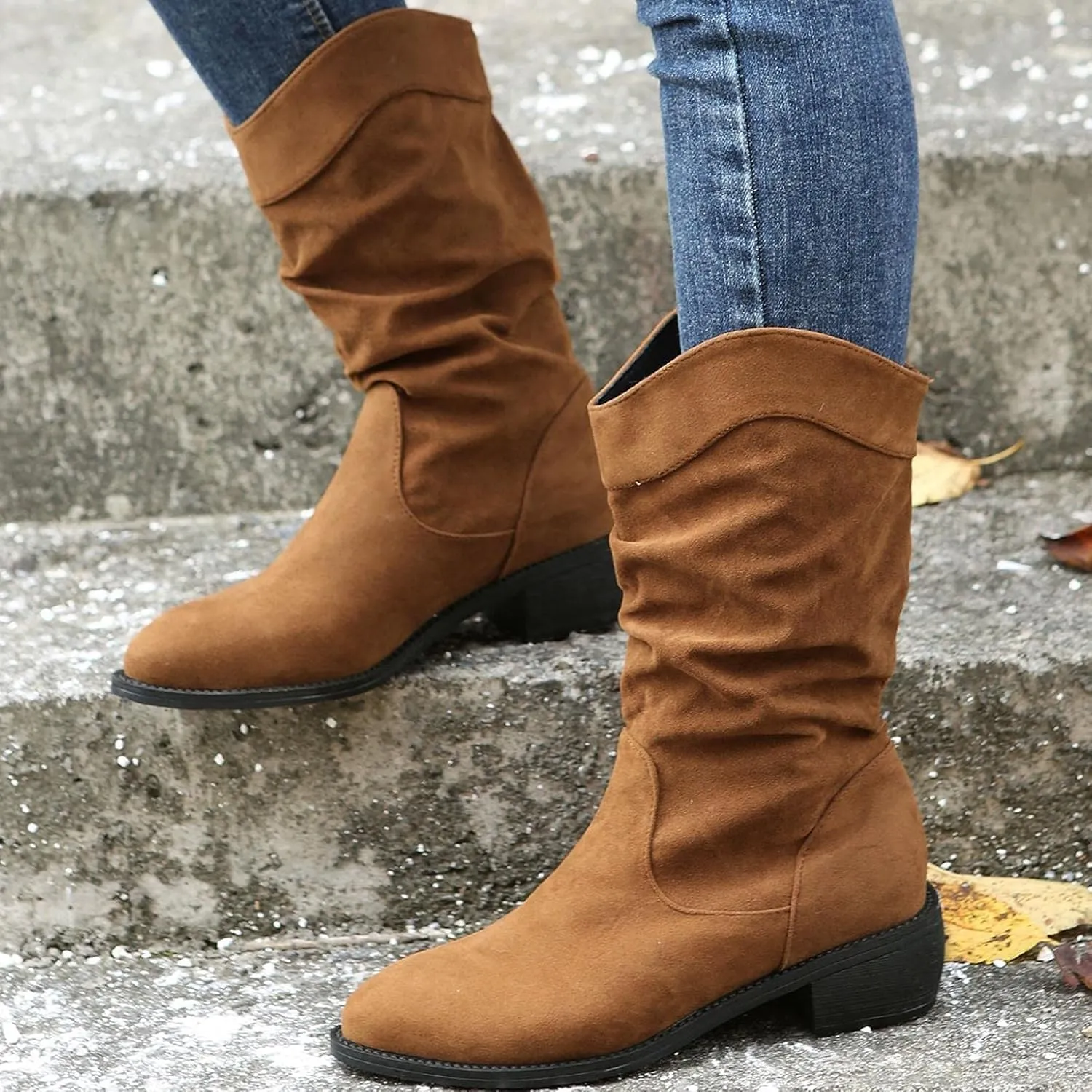 ZBYY Women's Mid Calf Winter Boots Fashion Low Heel Calf Boots Slouch Weather Boots Classic Round Toe Ankle Booties