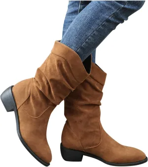 ZBYY Women's Mid Calf Winter Boots Fashion Low Heel Calf Boots Slouch Weather Boots Classic Round Toe Ankle Booties