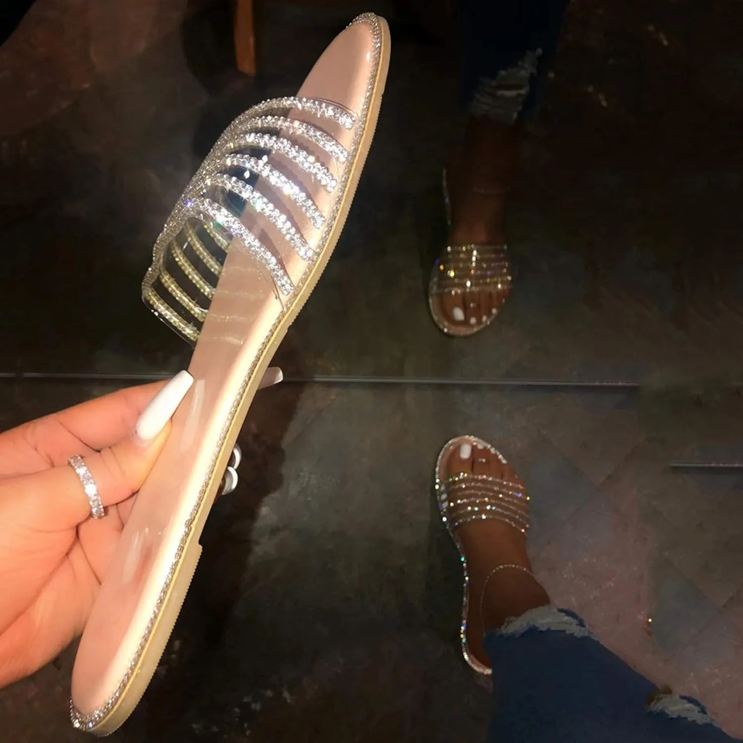 ZBYY Women's Open Toe Flat Sandals Rhinestone Glitter Bling Casual Fashion Slippers Beach Indoor Outdoor Slides