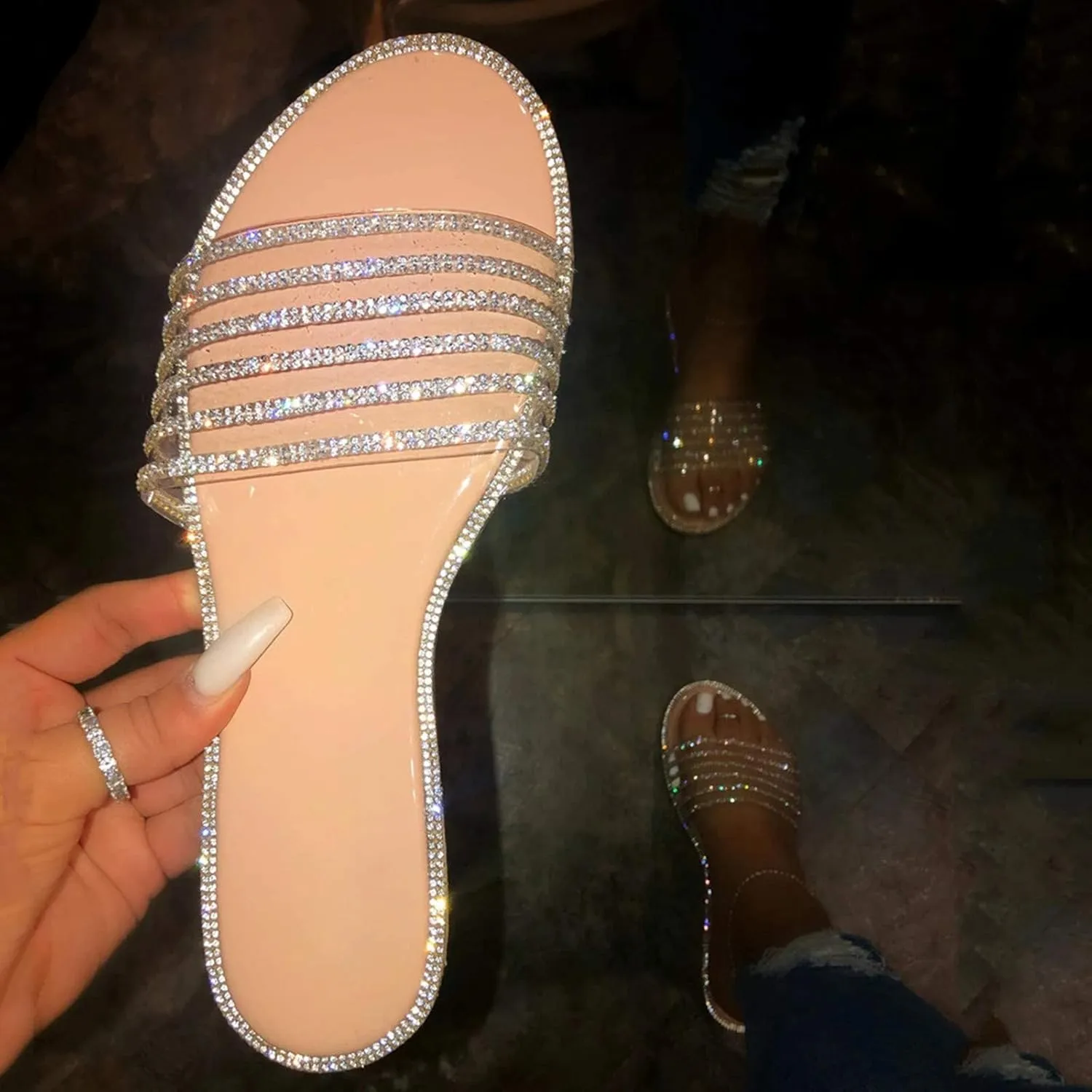 ZBYY Women's Open Toe Flat Sandals Rhinestone Glitter Bling Casual Fashion Slippers Beach Indoor Outdoor Slides