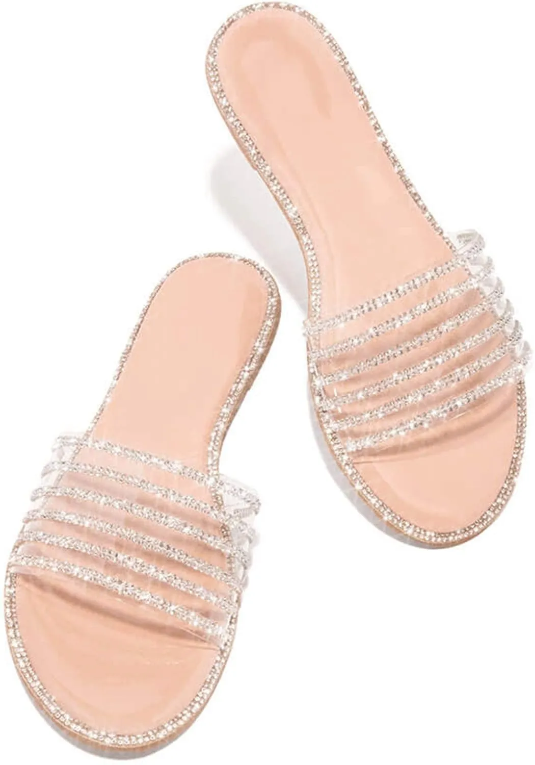 ZBYY Women's Open Toe Flat Sandals Rhinestone Glitter Bling Casual Fashion Slippers Beach Indoor Outdoor Slides