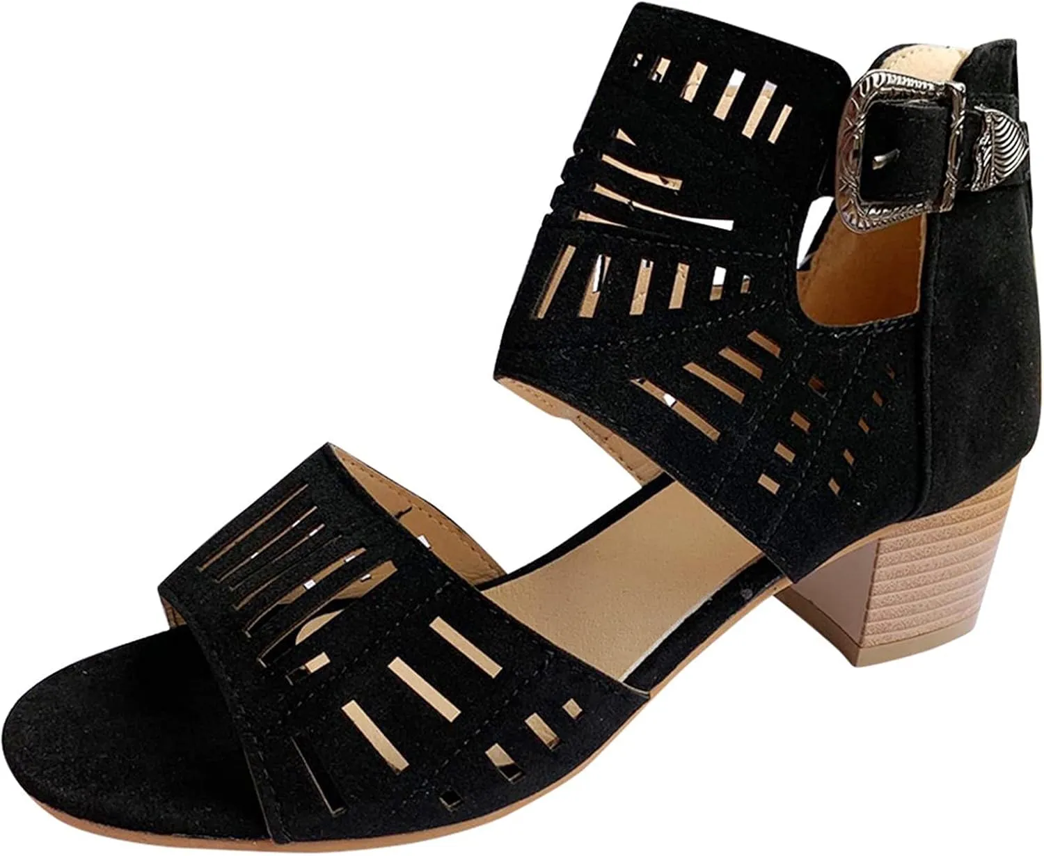 ZBYY Women's Peep Toe Sandals Summer Double Buckle Cutout Side Strap Sandals Chunky Block Low Heel Ankle Strap Sandals