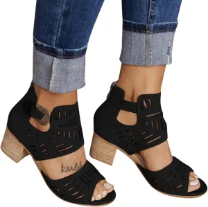 ZBYY Women's Peep Toe Sandals Summer Double Buckle Cutout Side Strap Sandals Chunky Block Low Heel Ankle Strap Sandals