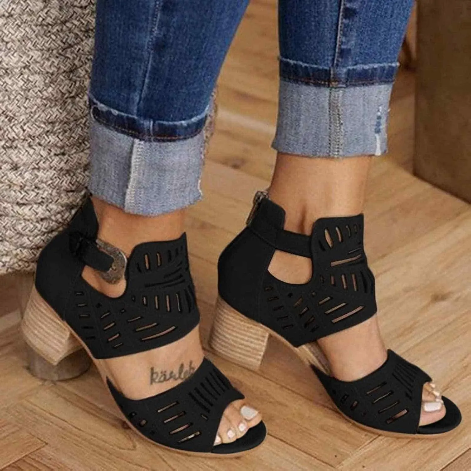 ZBYY Women's Peep Toe Sandals Summer Double Buckle Cutout Side Strap Sandals Chunky Block Low Heel Ankle Strap Sandals