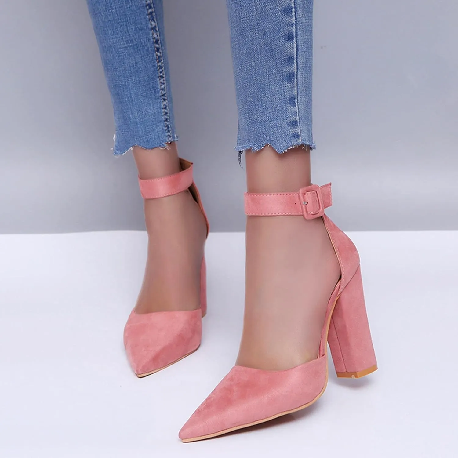 ZBYY Women's Pointed Toe High Heels Ankle Strap Pumps Shoes Summer Ankle Strap Chunky Heel Party Wedding Dress Sandals