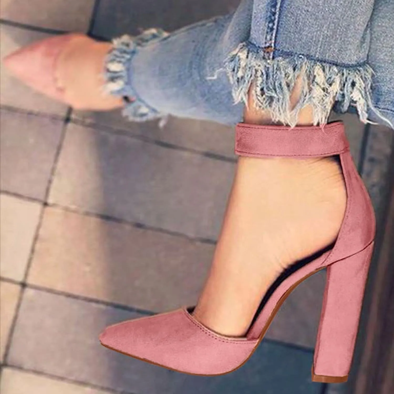 ZBYY Women's Pointed Toe High Heels Ankle Strap Pumps Shoes Summer Ankle Strap Chunky Heel Party Wedding Dress Sandals