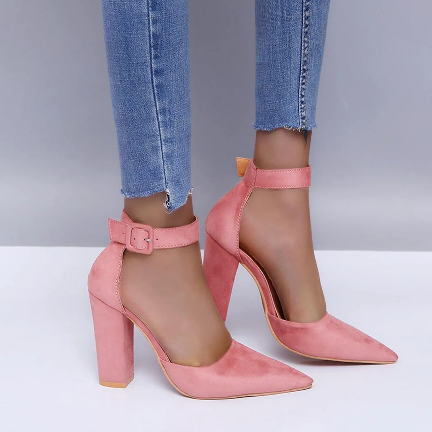 ZBYY Women's Pointed Toe High Heels Ankle Strap Pumps Shoes Summer Ankle Strap Chunky Heel Party Wedding Dress Sandals
