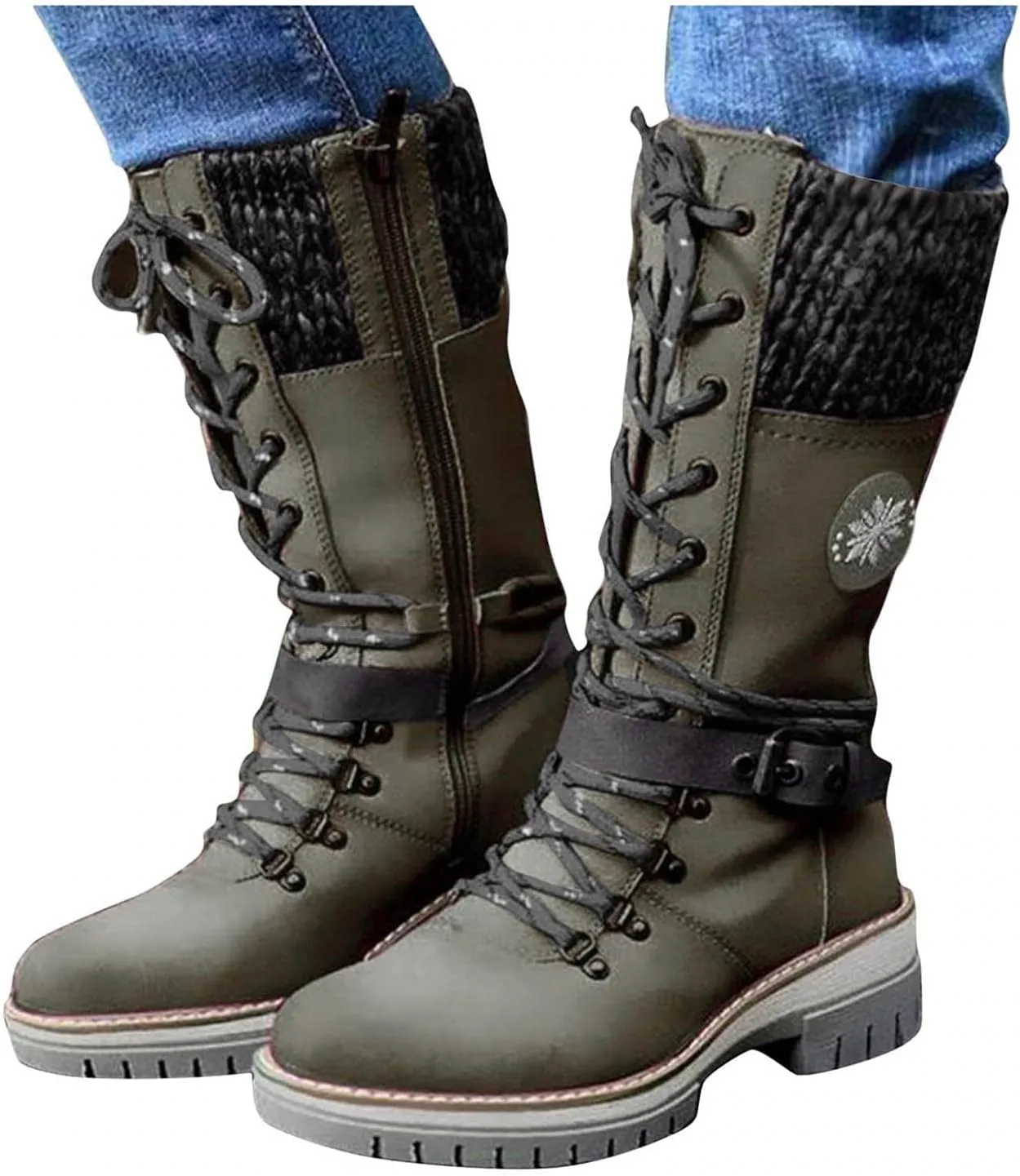 ZBYY Women's Riding Combat Boots,Lace up Mid Calf Military Knee High Booties Wide Calf Motorcycle Riding Winter Boots
