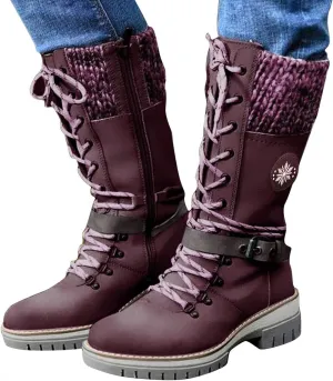 ZBYY Women's Riding Combat Boots,Lace up Mid Calf Military Knee High Booties Wide Calf Motorcycle Riding Winter Boots