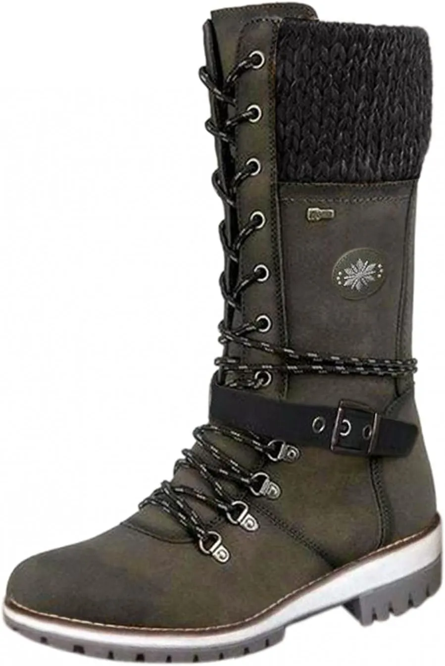 ZBYY Women's Riding Combat Boots,Lace up Mid Calf Military Knee High Booties Wide Calf Motorcycle Riding Winter Boots