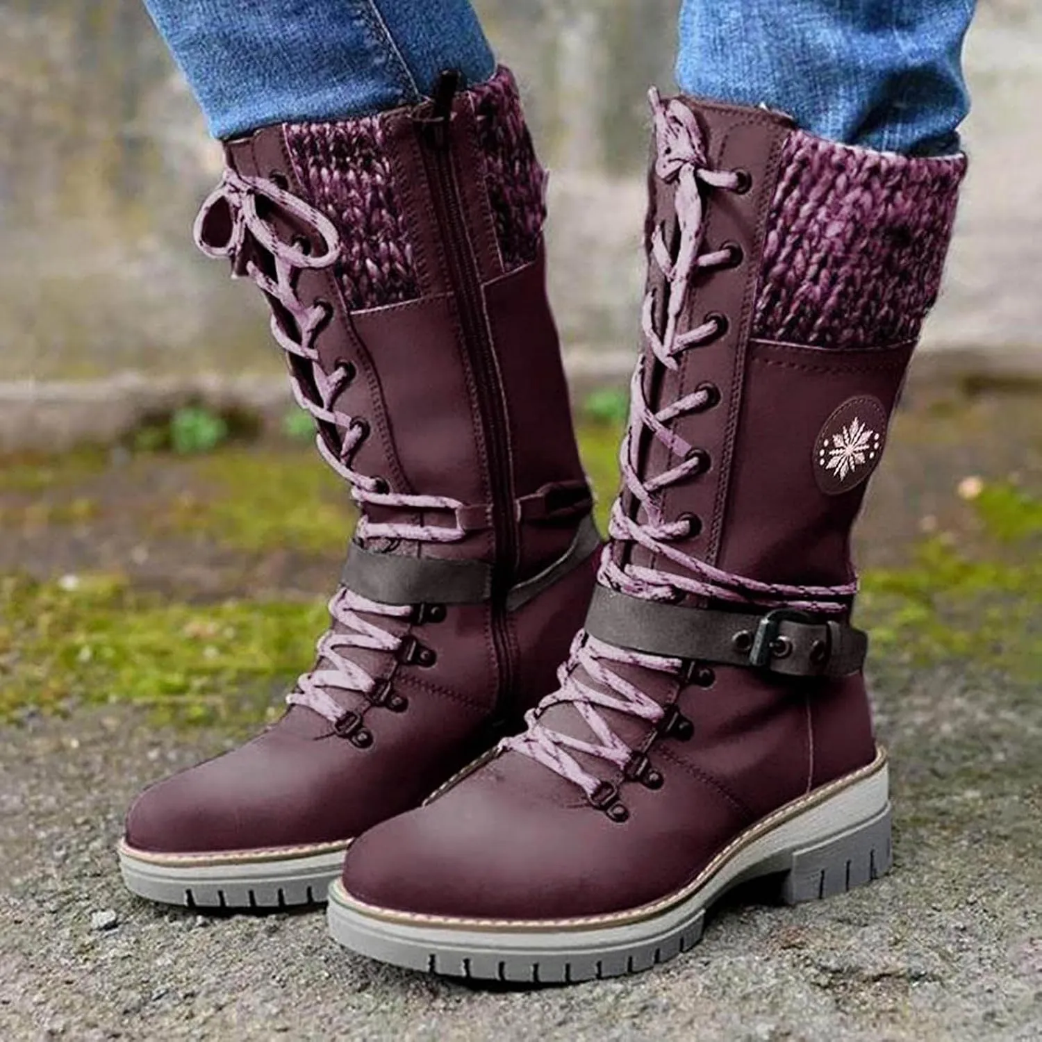 ZBYY Women's Riding Combat Boots,Lace up Mid Calf Military Knee High Booties Wide Calf Motorcycle Riding Winter Boots