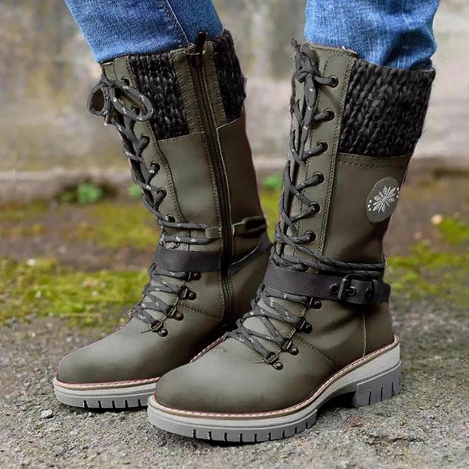 ZBYY Women's Riding Combat Boots,Lace up Mid Calf Military Knee High Booties Wide Calf Motorcycle Riding Winter Boots
