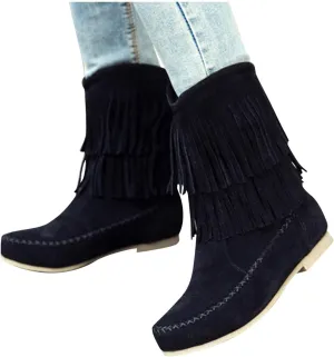 ZBYY Womens Suede Fringe Ankle Boots,Fashion Closed Toe Mid Calf Knee High Flat Dress Tassel Cowboy Short Booties