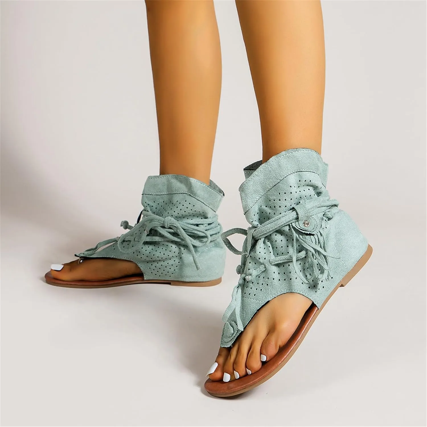 ZHOUYF Casual Tassel Sandals for Women, T-Strap Open Toe Beach Gladiator Sandals Clip Toe Flip Flops Flat Retro Boho Sandals