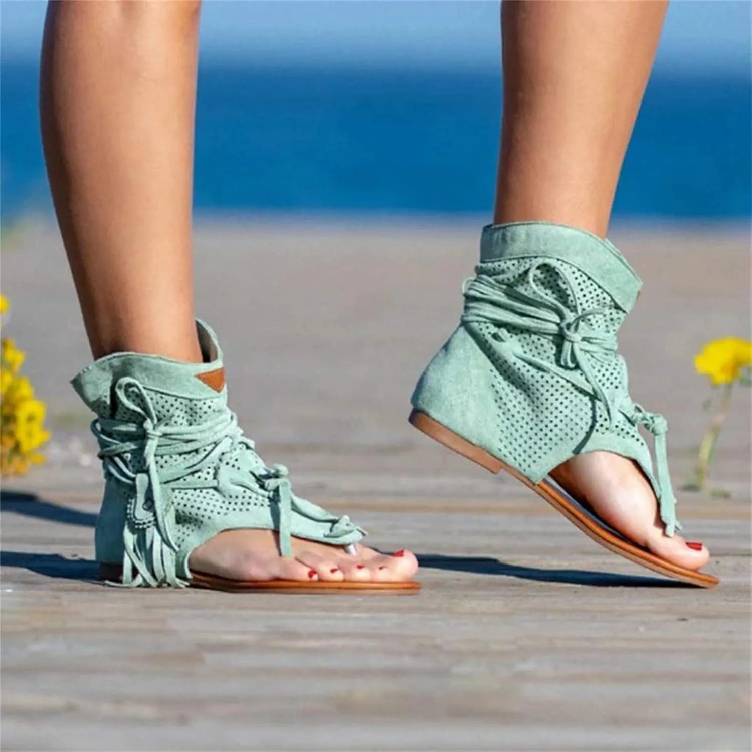 ZHOUYF Casual Tassel Sandals for Women, T-Strap Open Toe Beach Gladiator Sandals Clip Toe Flip Flops Flat Retro Boho Sandals