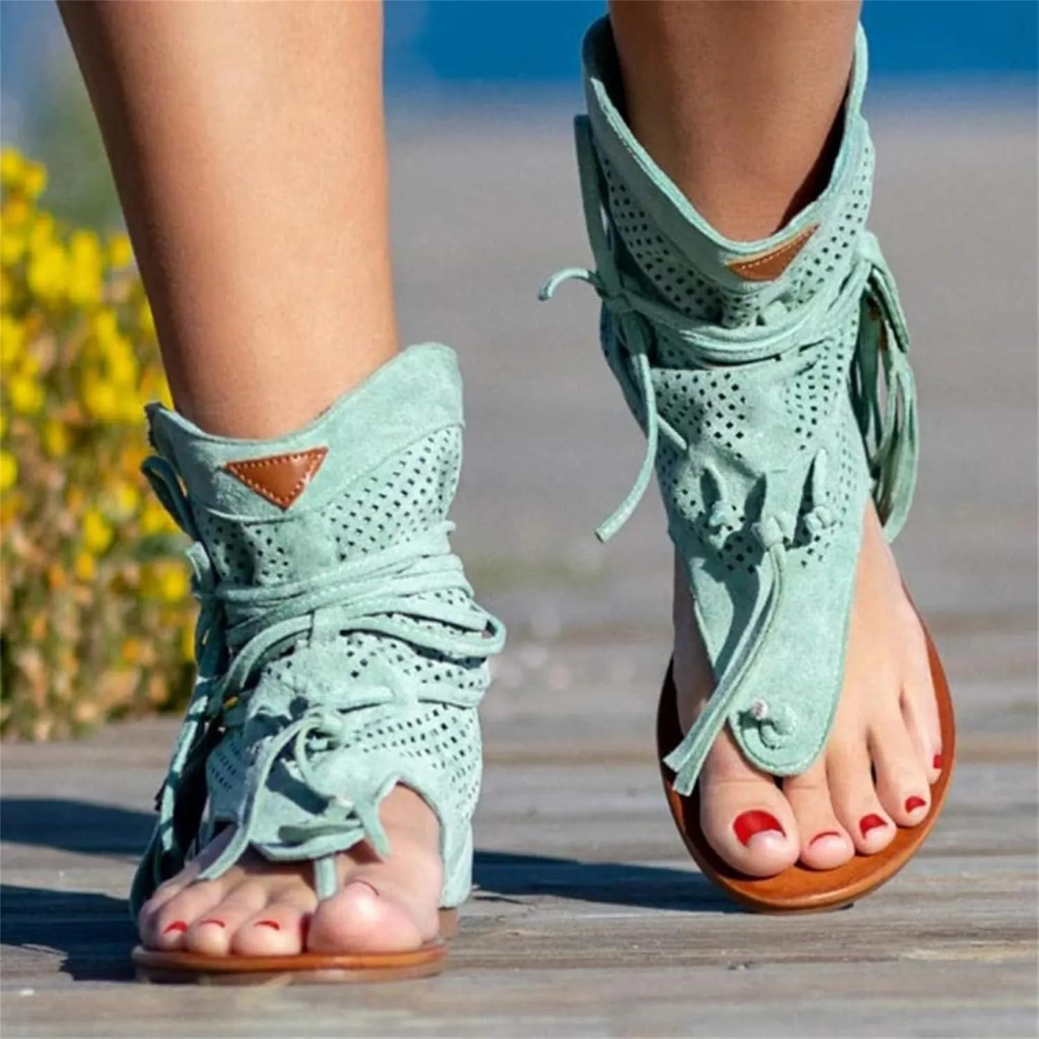 ZHOUYF Casual Tassel Sandals for Women, T-Strap Open Toe Beach Gladiator Sandals Clip Toe Flip Flops Flat Retro Boho Sandals
