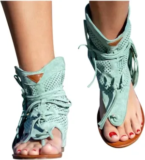 ZHOUYF Casual Tassel Sandals for Women, T-Strap Open Toe Beach Gladiator Sandals Clip Toe Flip Flops Flat Retro Boho Sandals