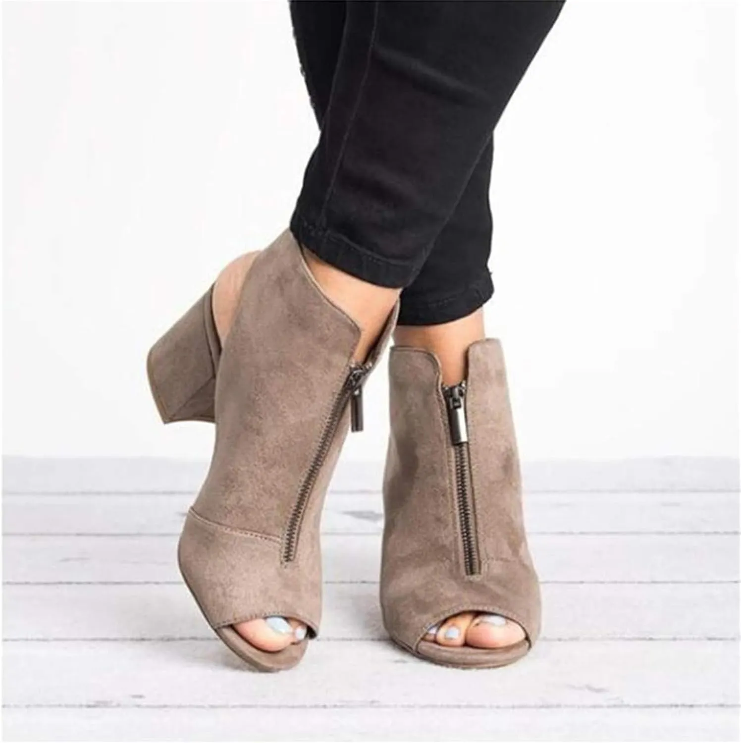 ZHOUYF High Heel Sandals for Women Summer Faux suede Zipper Chunky Heel Sandals Fish Mouth Backless Peep Toe Dressy Booties