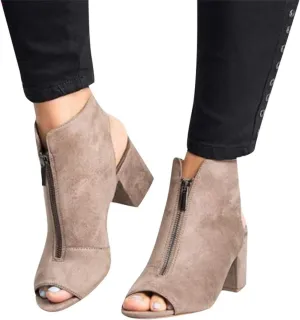 ZHOUYF High Heel Sandals for Women Summer Faux suede Zipper Chunky Heel Sandals Fish Mouth Backless Peep Toe Dressy Booties