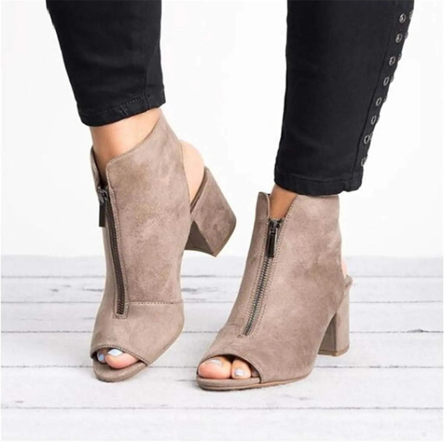 ZHOUYF High Heel Sandals for Women Summer Faux suede Zipper Chunky Heel Sandals Fish Mouth Backless Peep Toe Dressy Booties